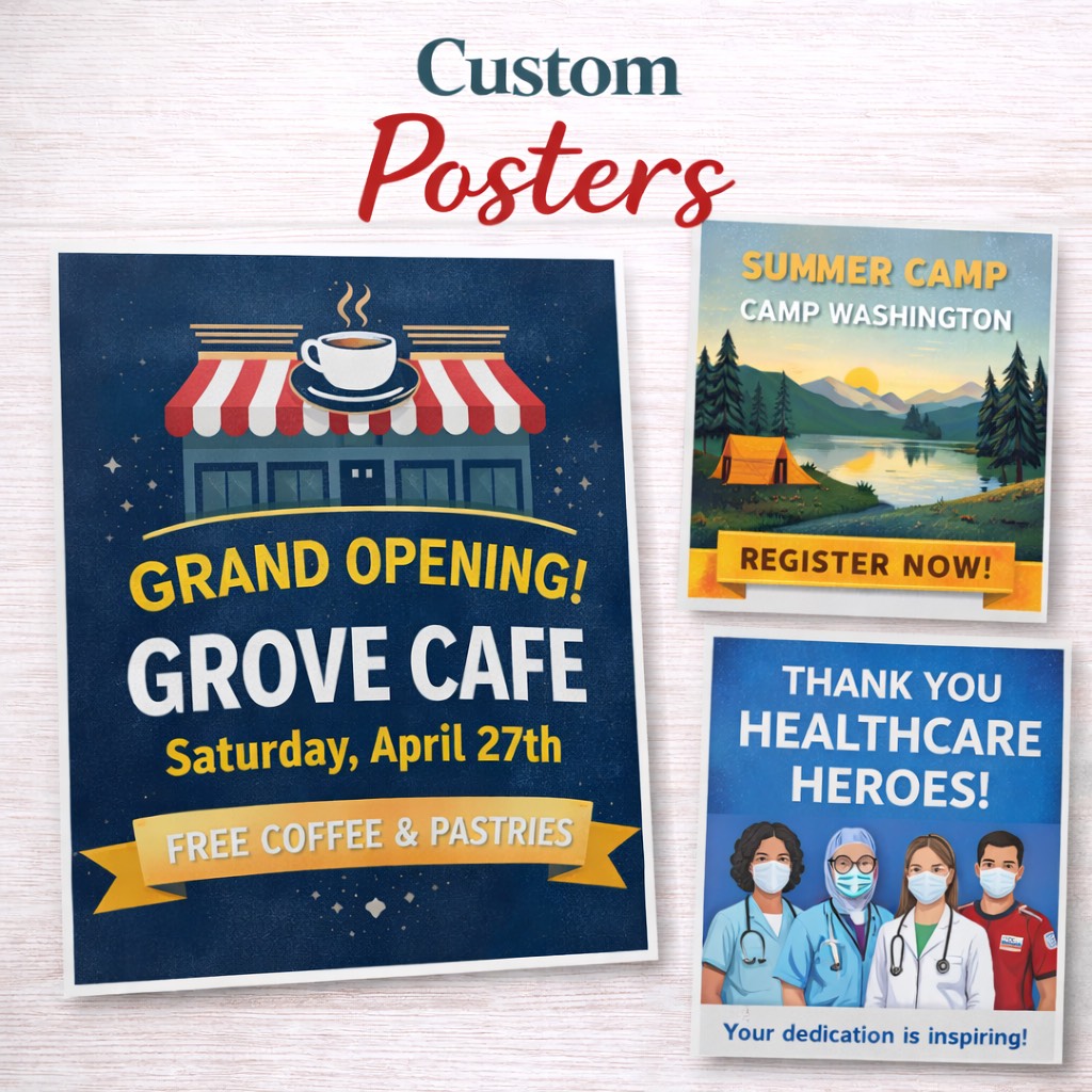 Three custom posters: a café grand opening with free coffee, a summer camp registration ad, and a thank you message for healthcare heroes.