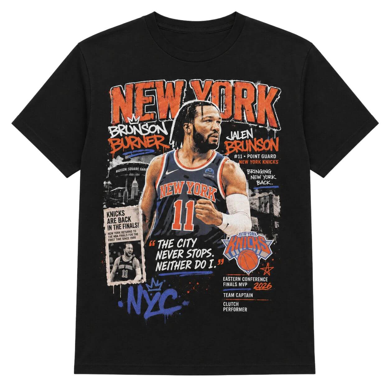 Black T-shirt featuring a graphic of a basketball player in a New York Knicks uniform with text about the Eastern Conference Finals and team details.
