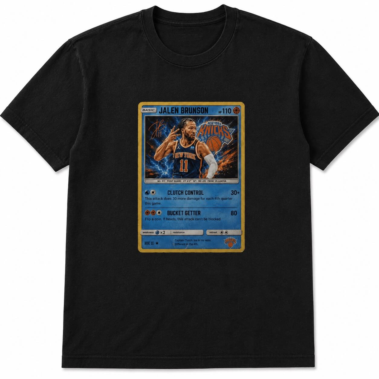 Black t-shirt featuring an illustrated basketball trading card design of Jalen Brunson in a Knicks uniform, with stats and text styled like a collectible game card.