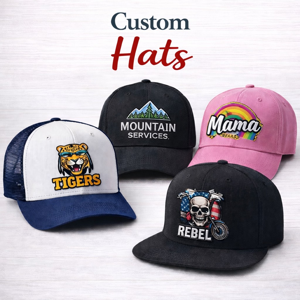 Four custom hats on a light wooden surface, each with unique embroidered designs: a tiger, mountains, “Mama Bears” with a rainbow, and a skull with “Rebel” text.