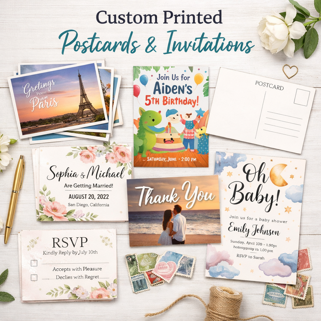 A flat lay of various custom printed postcards and invitations, including birthday, wedding, thank you, baby shower, RSVP, and travel-themed cards on a wooden surface.