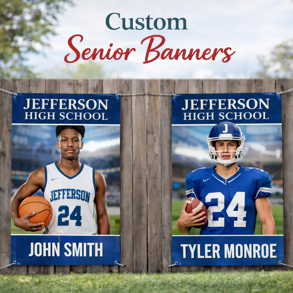 Two Jefferson High School senior banners hang on a fence, featuring student athletes John Smith with a basketball and Tyler Monroe in football gear.