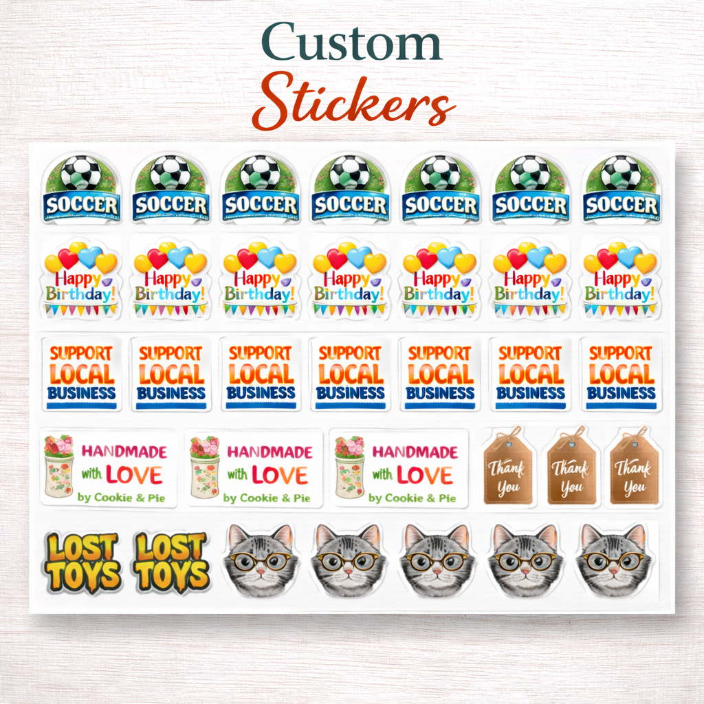 A sheet of custom stickers featuring soccer balls, "Happy Birthday," "Support Local Business," "Handmade with Love," "Thank You," "Lost Toys," and cat face designs.