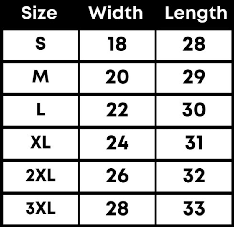 Shirt size chart with columns for size, width, and length. Sizes S to 3XL; widths 18–28 inches; lengths 28–33 inches.