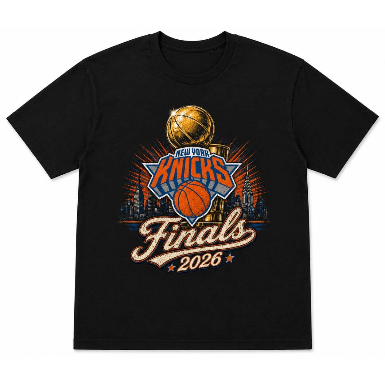 Black t-shirt featuring "New York Knicks Finals 2026" graphic with basketball imagery and a city skyline in the background.