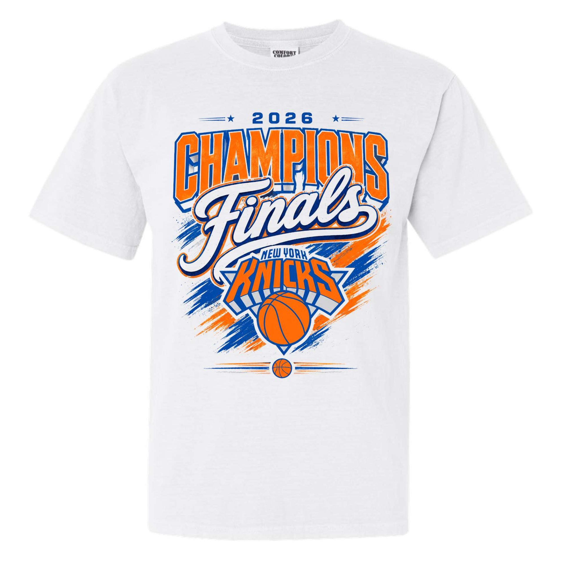 White t-shirt featuring a basketball graphic and text that reads "2026 Champions Finals New York Knicks" in blue and orange letters.