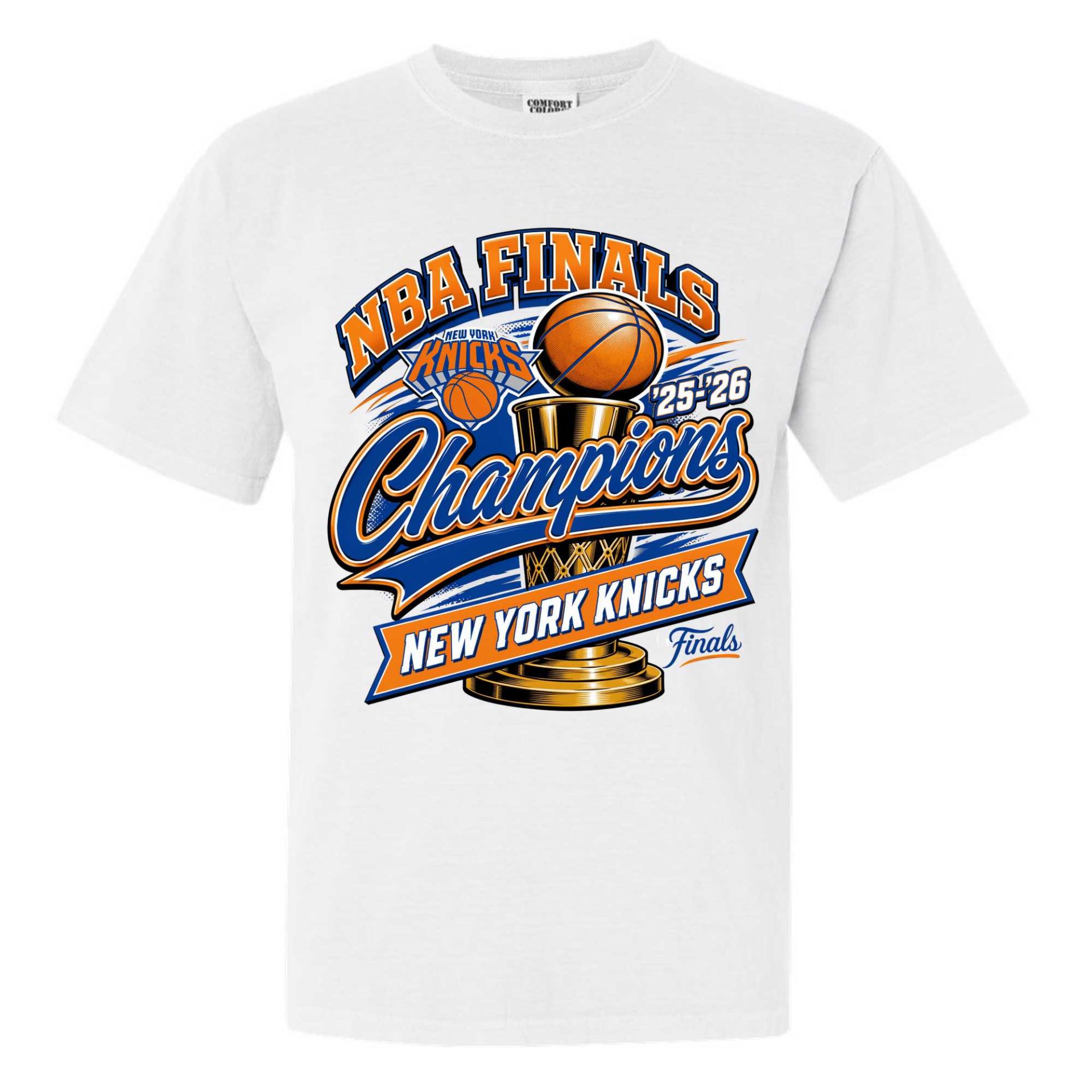 White t-shirt with a graphic reading "NBA Finals Champions New York Knicks '25-'26" featuring a basketball, trophy, and the Knicks logo in blue, orange, and gold accents.