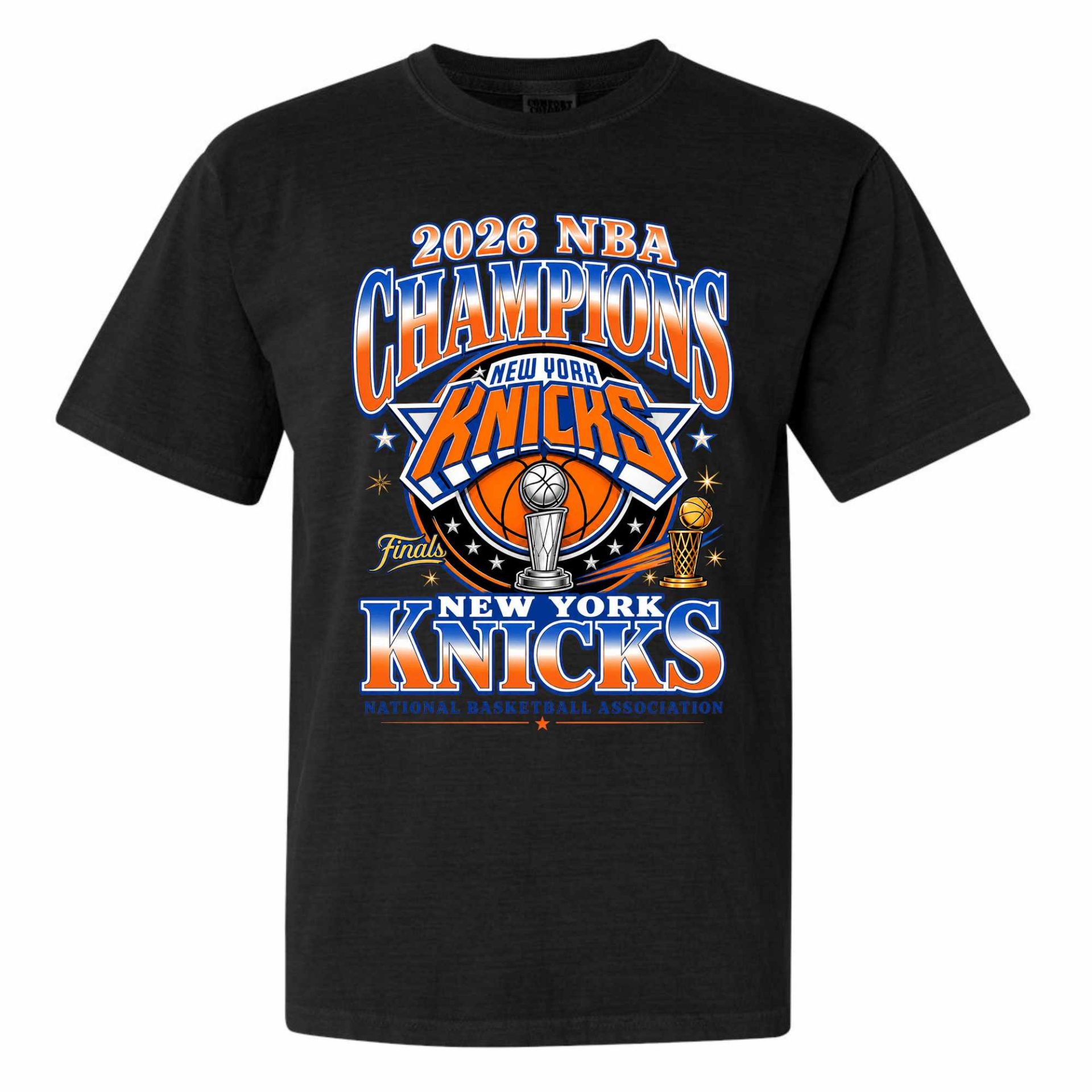 Black t-shirt featuring "2026 NBA Champions New York Knicks" graphic with a basketball, trophy, and star designs in orange, blue, and white.