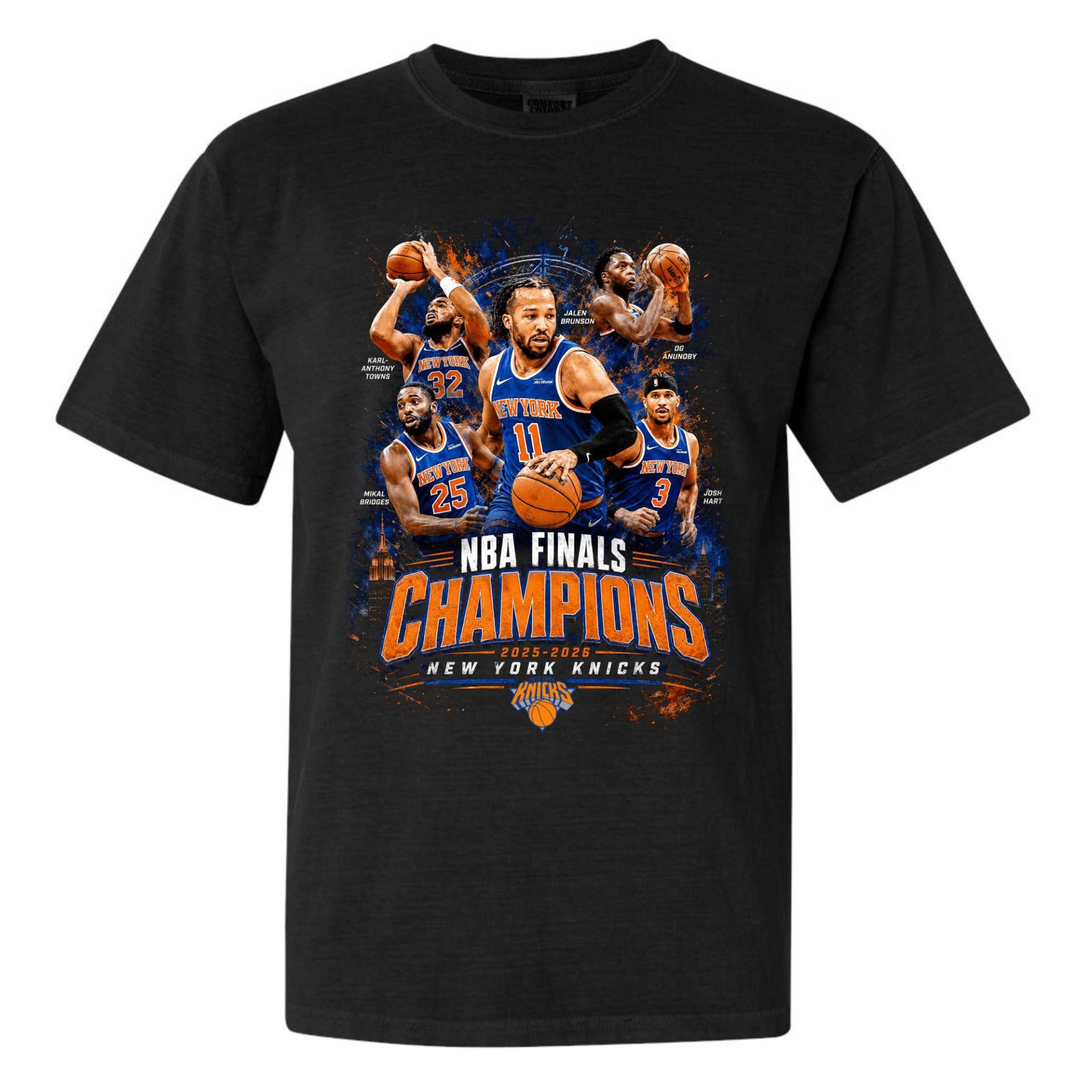 Black T-shirt featuring New York Knicks players and text that reads "NBA Finals Champions 2025-2026 New York" in orange and blue.