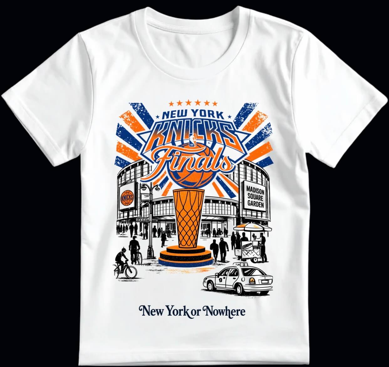White T-shirt with a graphic of Madison Square Garden, a basketball trophy, and "New York Knicks Finals" text, along with "New York or Nowhere" at the bottom.