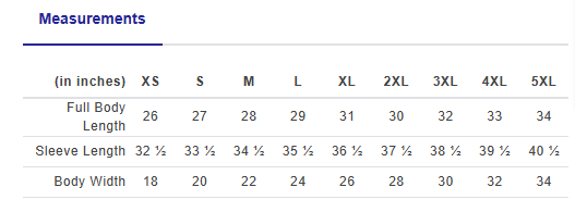 Size chart displaying full body length, sleeve length, and body width measurements in inches for XS to 5XL shirt sizes.