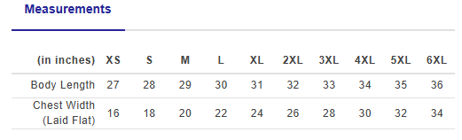 Size chart showing body length and chest width (in inches) for XS to 6XL: lengths range 27-36, chest widths range 16-34.
