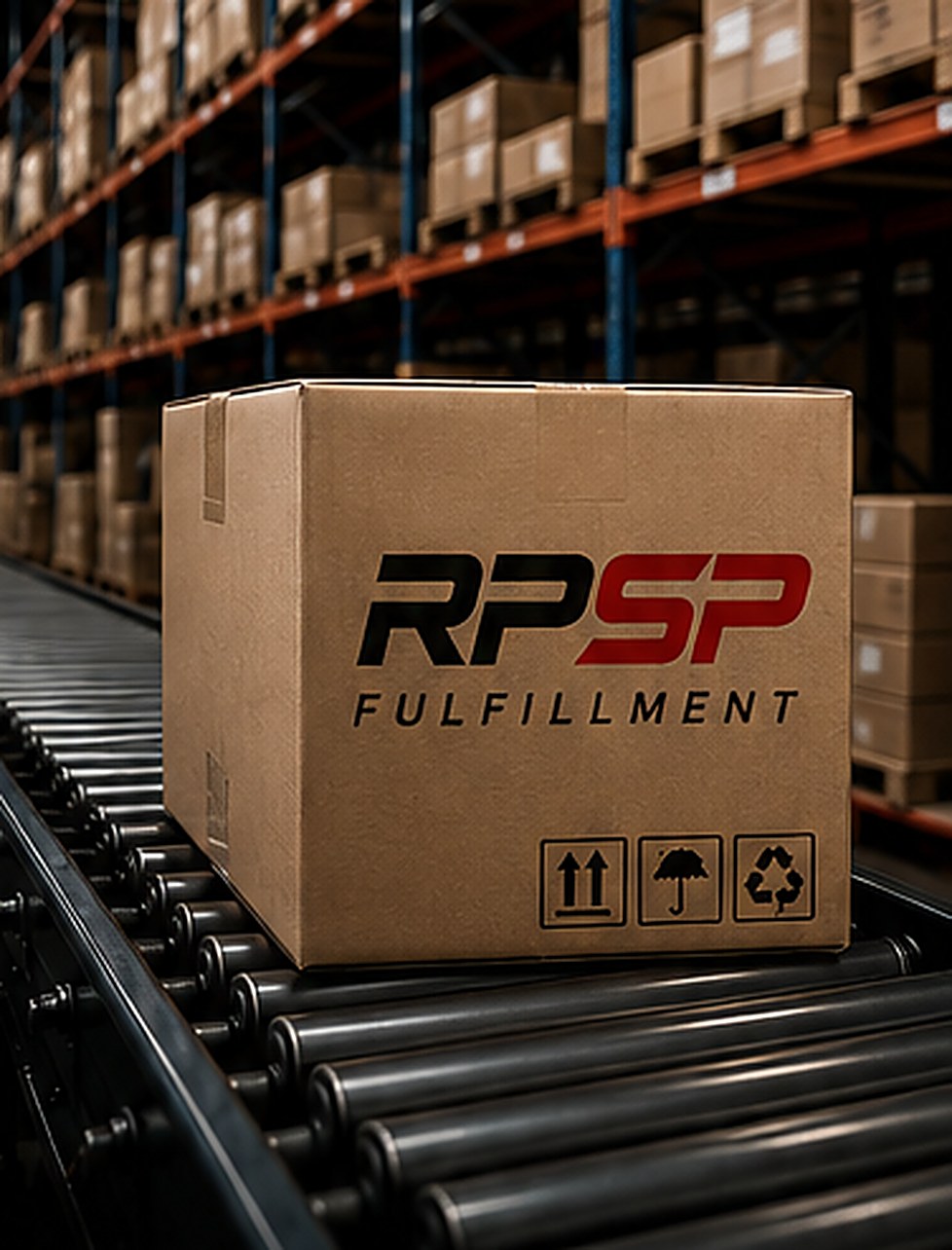 RPSP-branded shipping box on a warehouse conveyor line